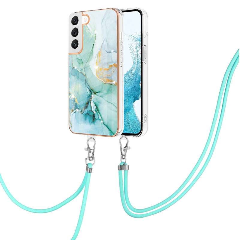 For Samsung Galaxy S22 5G Electroplating Marble IMD TPU Phone Case with Lanyard(Rose Gold 005)