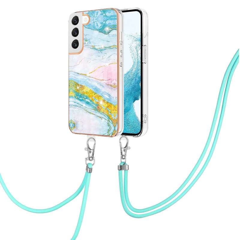 For Samsung Galaxy S22 5G Electroplating Marble IMD TPU Phone Case with Lanyard(Rose Gold 005)