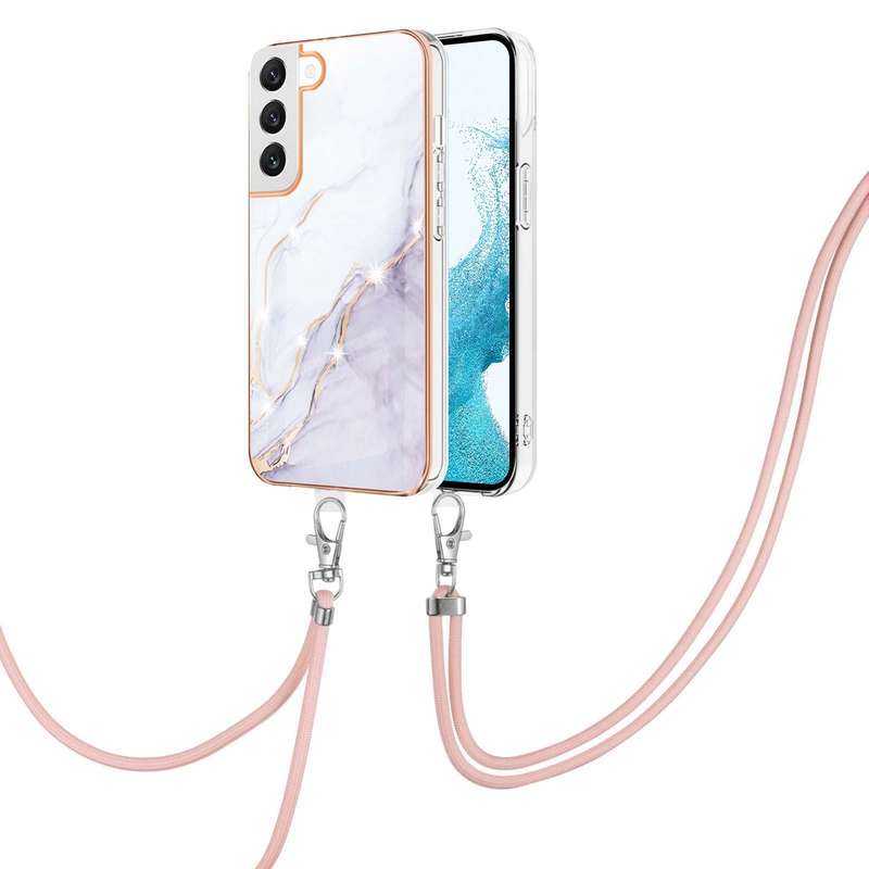 For Samsung Galaxy S22 5G Electroplating Marble IMD TPU Phone Case with Lanyard(Rose Gold 005)