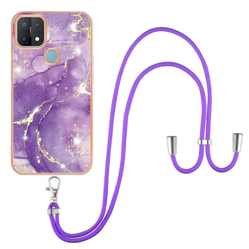 For OPPO A15 / A15s Electroplating Marble IMD TPU Phone Case with Lanyard(Purple 001)