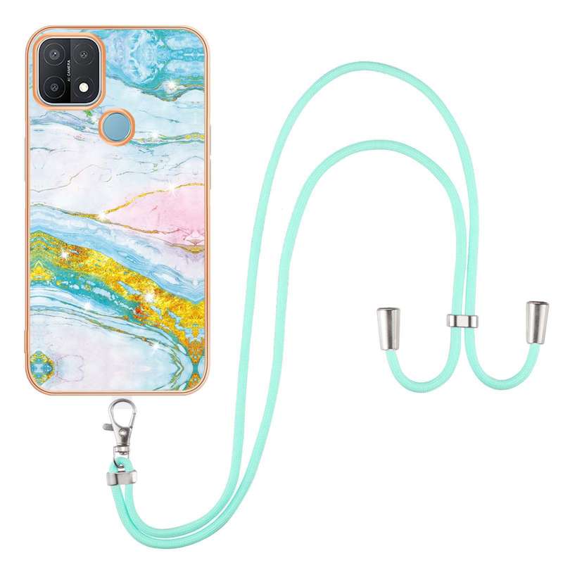 For OPPO A15 / A15s Electroplating Marble IMD TPU Phone Case with Lanyard(Purple 001)