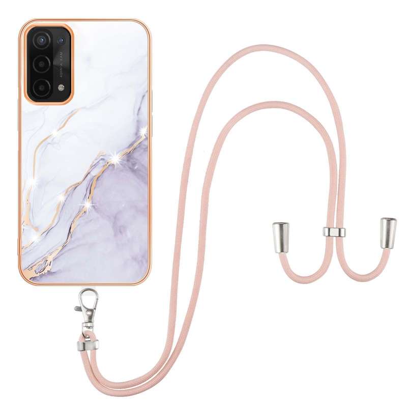 For OPPO A74 5G / A93 5G / A54 5G / A93s 5G Electroplating Marble IMD TPU Phone Case with Lanyard(Pu
