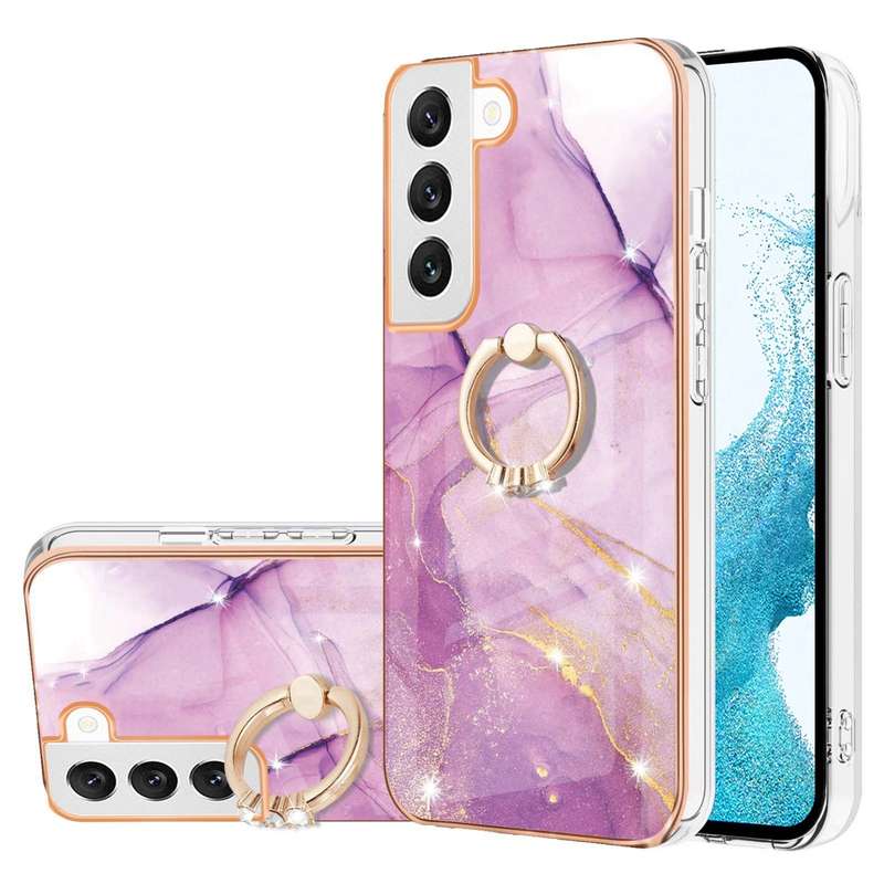 For Samsung Galaxy S22 Electroplating Marble IMD TPU Phone Case with Ring Holder(White 006)