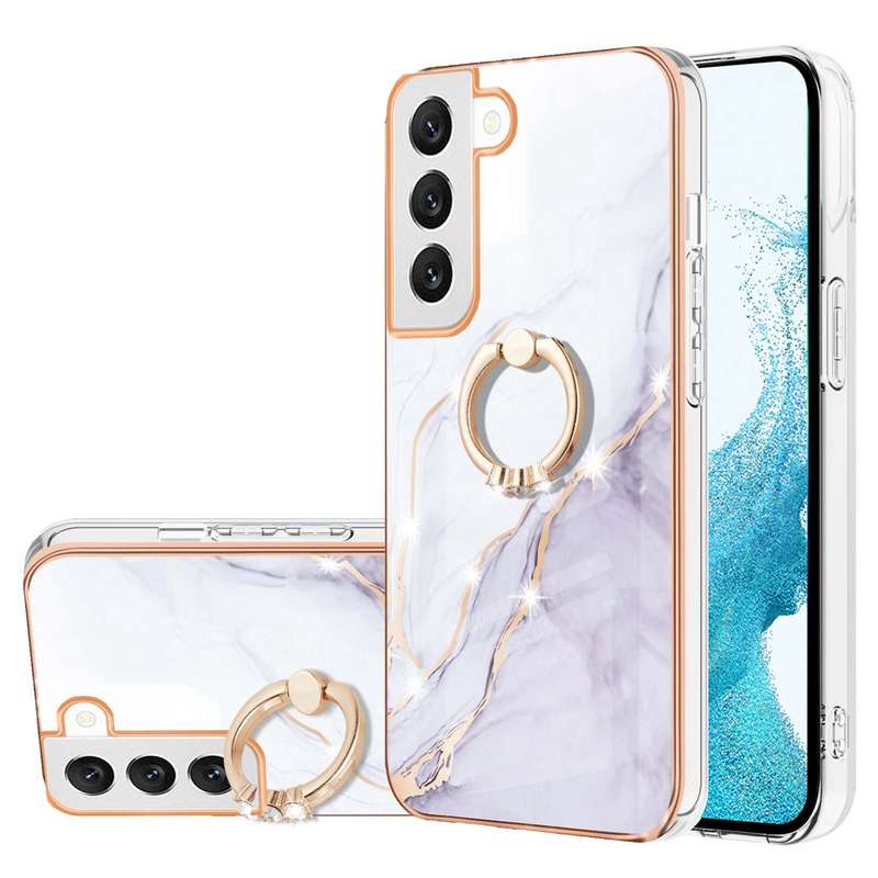 For Samsung Galaxy S22 Electroplating Marble IMD TPU Phone Case with Ring Holder(White 006)