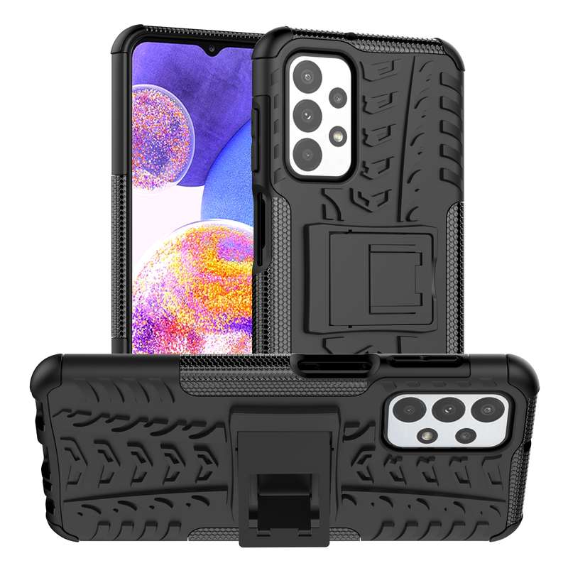 For Samsung Galaxy A23 Tire Texture Shockproof TPU+PC Phone Case with Holder(Blue)
