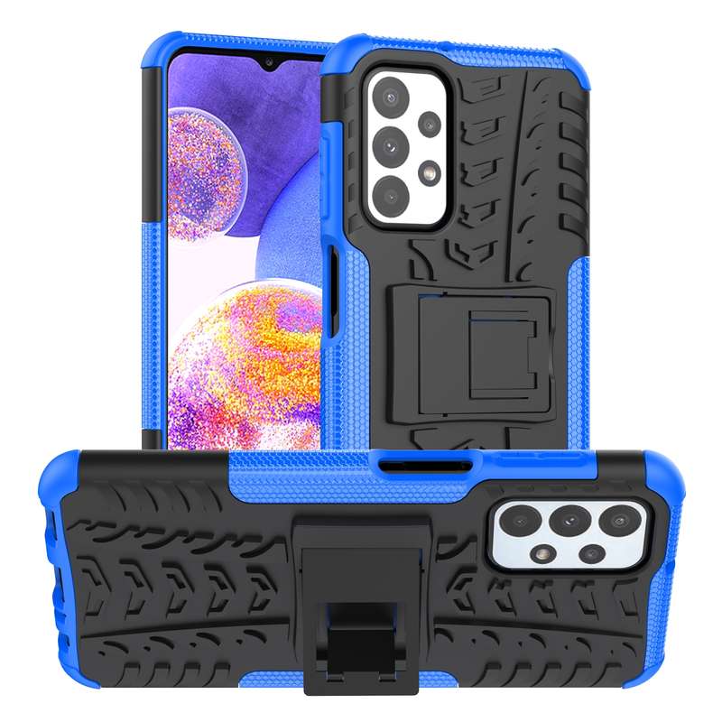For Samsung Galaxy A23 Tire Texture Shockproof TPU+PC Phone Case with Holder(Blue)