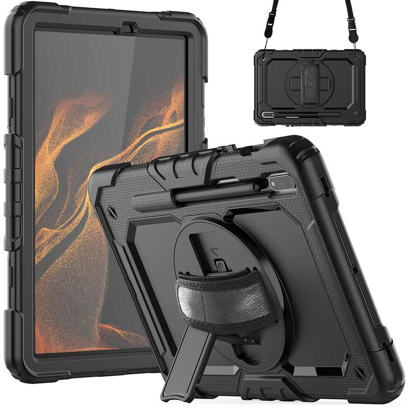 For Samsung Galaxy Tab S8 11 inch SM-X700 Silicone + PC Tablet Case with Shoulder Strap(Orange+Black