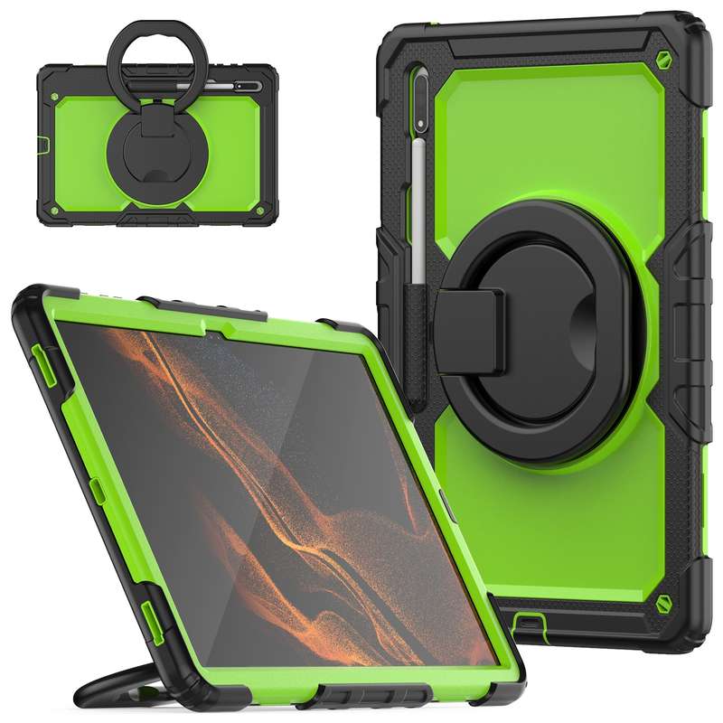 For Samsung Galaxy Tab S8 Ultra Shoulder Strap Silicone + PC Tablet Case(Black Rose Red)