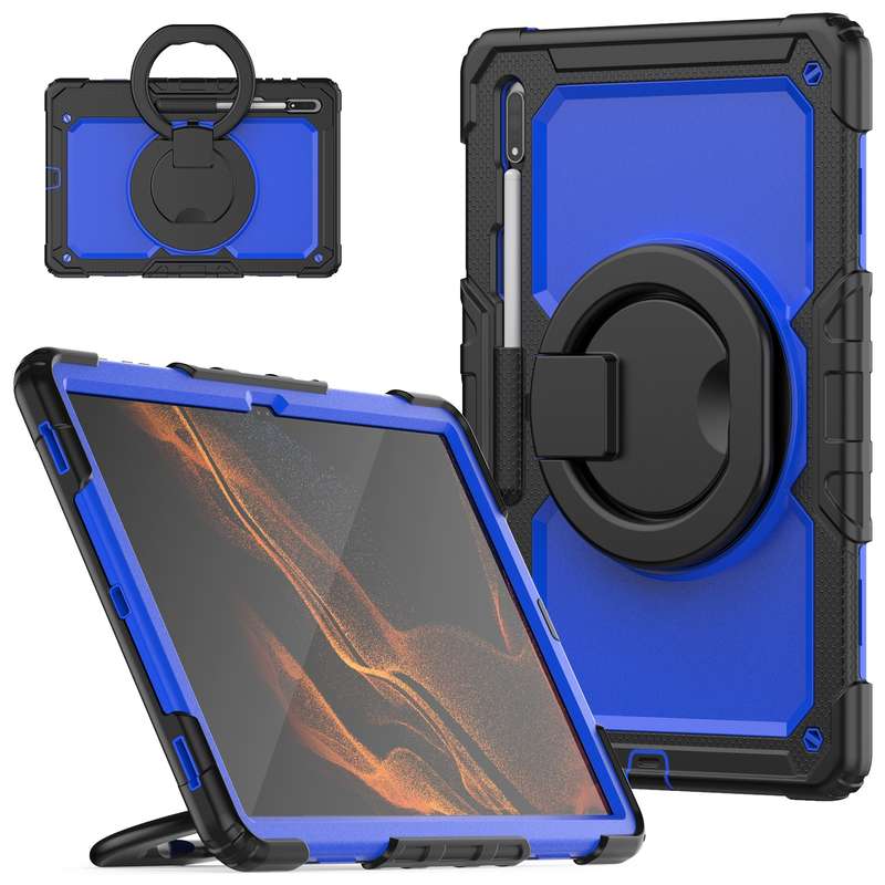 For Samsung Galaxy Tab S8 Ultra Shoulder Strap Silicone + PC Tablet Case(Black Rose Red)
