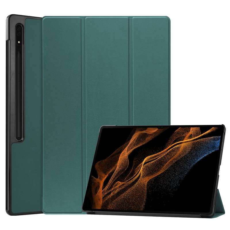 For Samsung Galaxy Tab S8 Ultra Three-folding Holder Custer Texture Leather Tablet Case(Black)