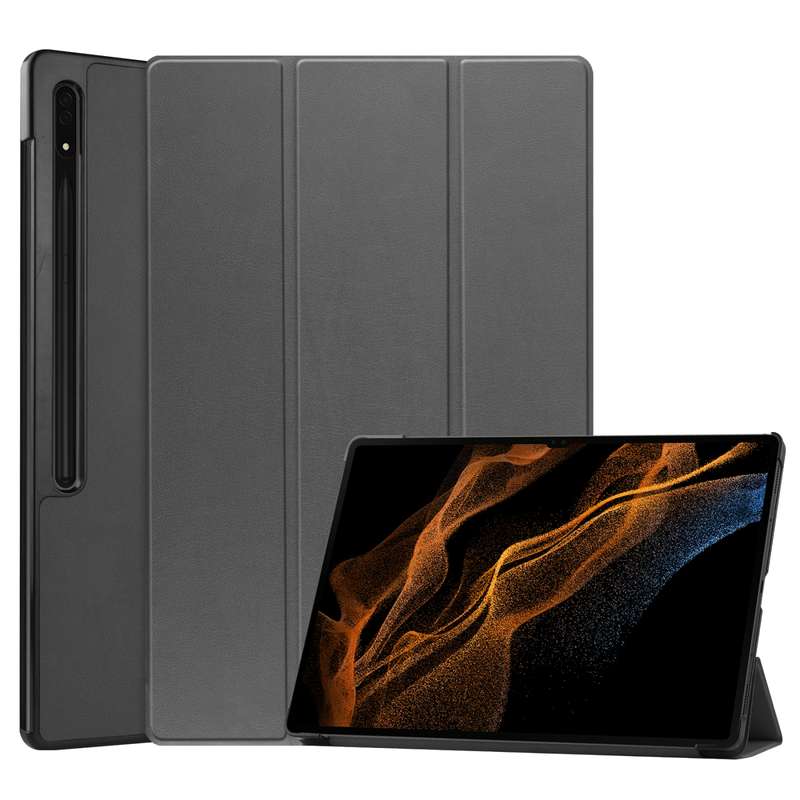 For Samsung Galaxy Tab S8 Ultra Three-folding Holder Custer Texture Leather Tablet Case(Black)