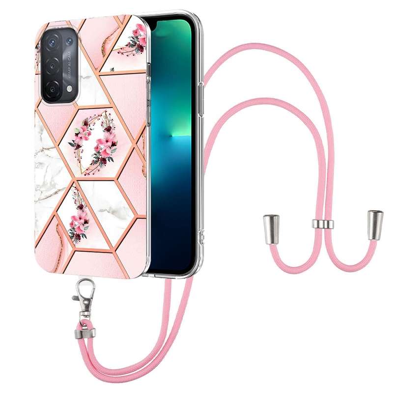 For OPPO A74 5G / A93 5G / A54 5G / A93s 5G Splicing Marble Flower Pattern TPU Phone Case with Lanya