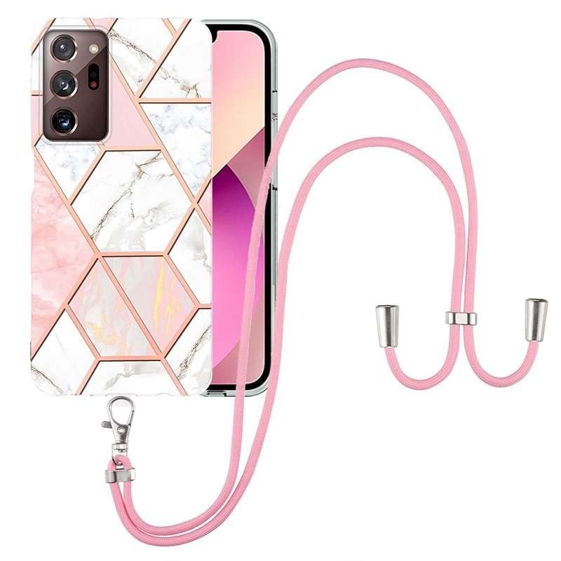 For Samsung Galaxy Note20 Ultra Electroplating Splicing Marble TPU Phone Case with Lanyard(Pink Whit