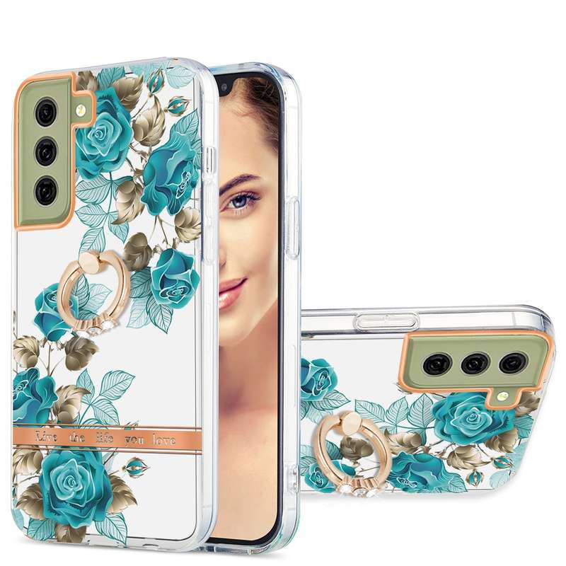 For Samsung Galaxy S21 FE 5G Ring IMD Flowers TPU Phone Case(Green Gardenia)