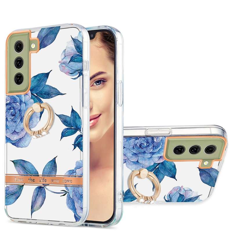 For Samsung Galaxy S21 FE 5G Ring IMD Flowers TPU Phone Case(Green Gardenia)