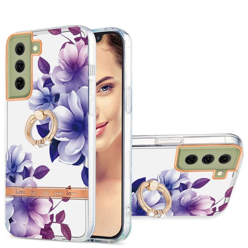For Samsung Galaxy S21 FE 5G Ring IMD Flowers TPU Phone Case(Green Gardenia)