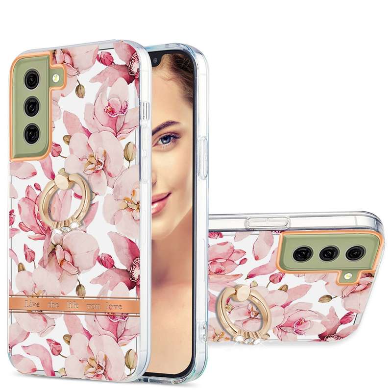 For Samsung Galaxy S21 FE 5G Ring IMD Flowers TPU Phone Case(Green Gardenia)