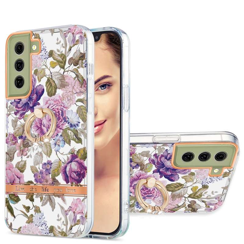 For Samsung Galaxy S21 FE 5G Ring IMD Flowers TPU Phone Case(Green Gardenia)