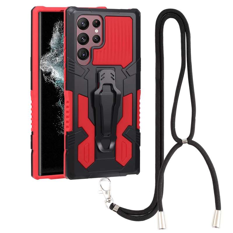 For Samsung Galaxy S22 Ultra 5G Lanyard Mecha Armor Kickstand PC + TPU Phone Case(Black)