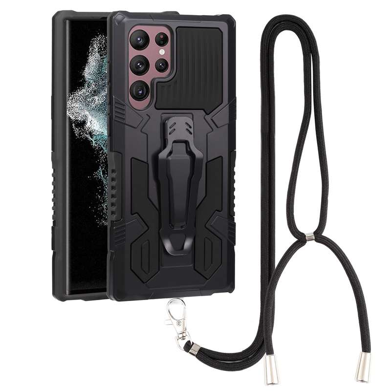 For Samsung Galaxy S22 Ultra 5G Lanyard Mecha Armor Kickstand PC + TPU Phone Case(Black)