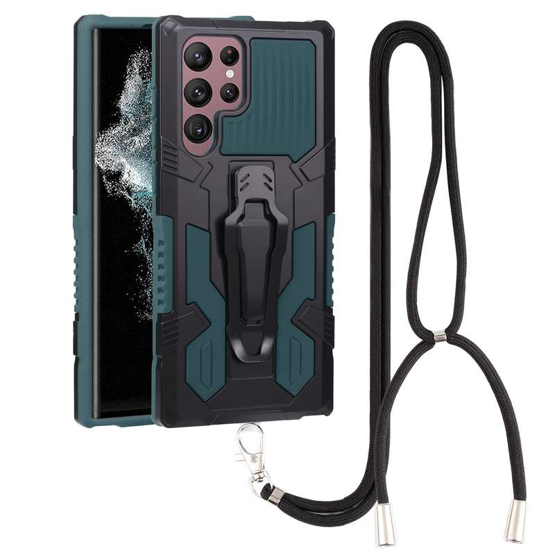 For Samsung Galaxy S22 Ultra 5G Lanyard Mecha Armor Kickstand PC + TPU Phone Case(Black)