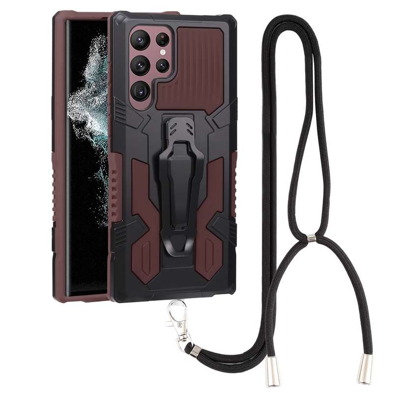 For Samsung Galaxy S22 Ultra 5G Lanyard Mecha Armor Kickstand PC + TPU Phone Case(Black)