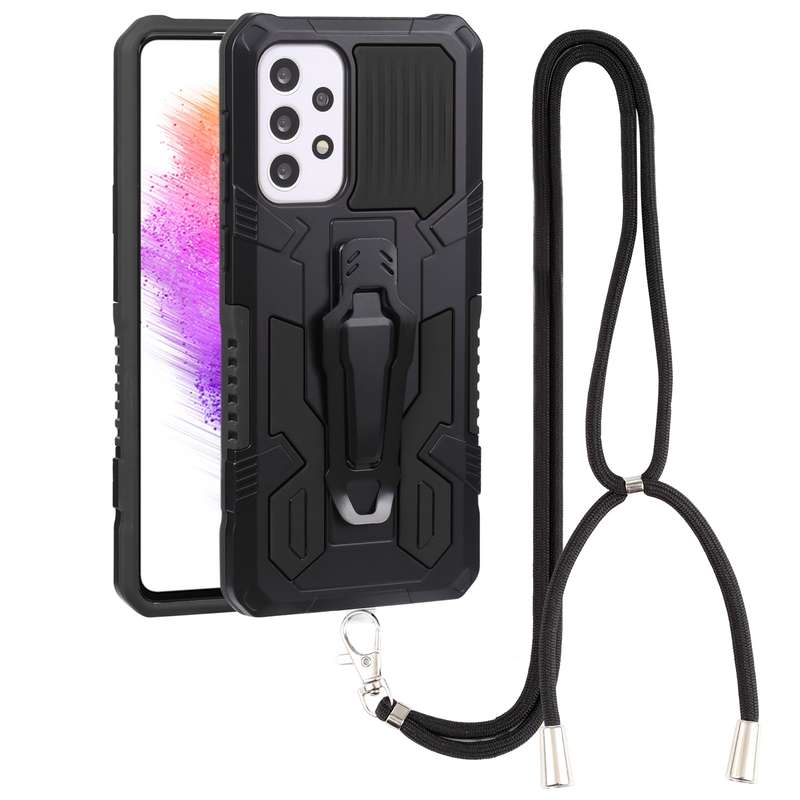 For Samsung Galaxy A73 5G Lanyard Mecha Armor Kickstand PC + TPU Phone Case(Grey)