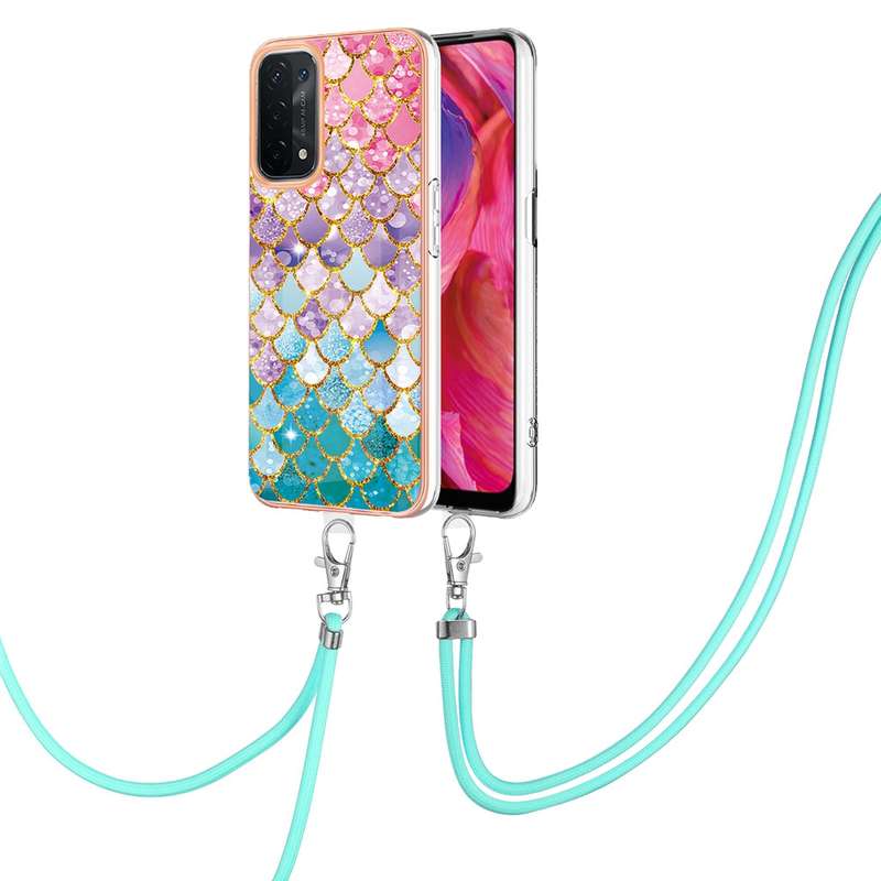For OPPO A74 5G / A93 5G Electroplating IMD TPU Phone Case with Lanyard(White Marble)