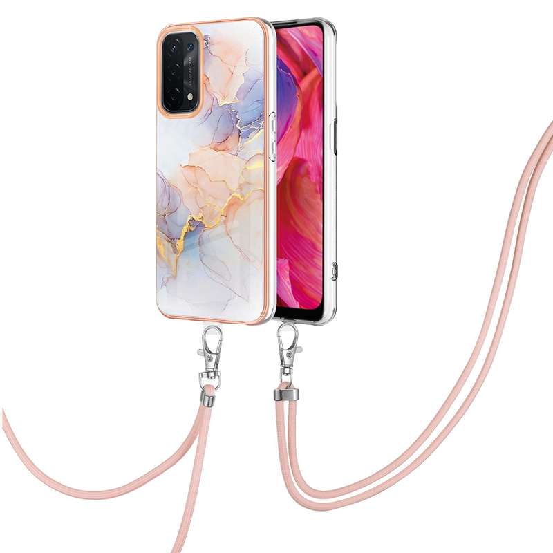 For OPPO A74 5G / A93 5G Electroplating IMD TPU Phone Case with Lanyard(White Marble)