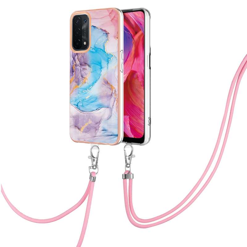 For OPPO A74 5G / A93 5G Electroplating IMD TPU Phone Case with Lanyard(White Marble)