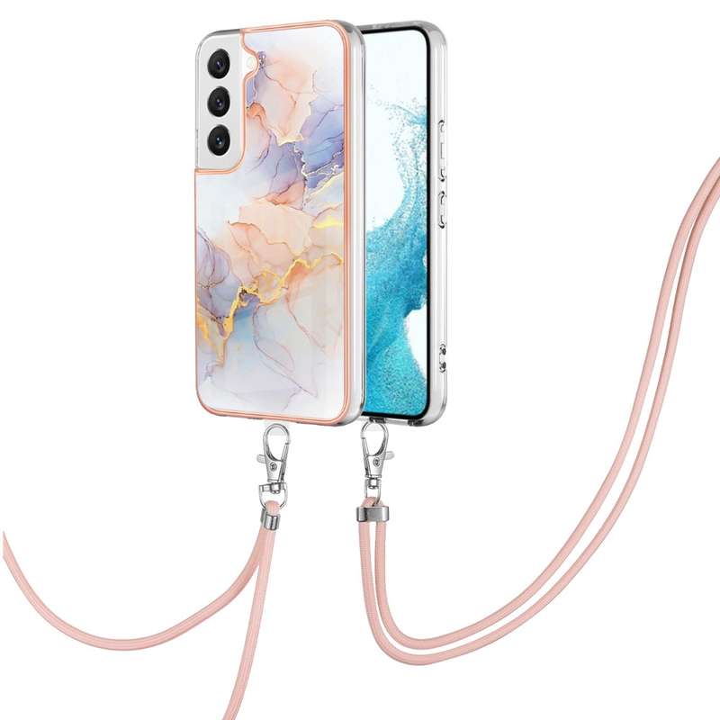 For Samsung Galaxy S22 5G Electroplating IMD TPU Phone Case with Lanyard(White Marble)