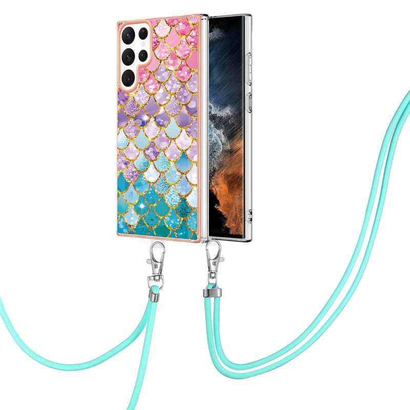For Samsung Galaxy S22 Ultra 5G Electroplating IMD TPU Phone Case with Lanyard(Colorful Scales)