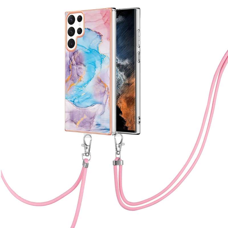 For Samsung Galaxy S22 Ultra 5G Electroplating IMD TPU Phone Case with Lanyard(Colorful Scales)