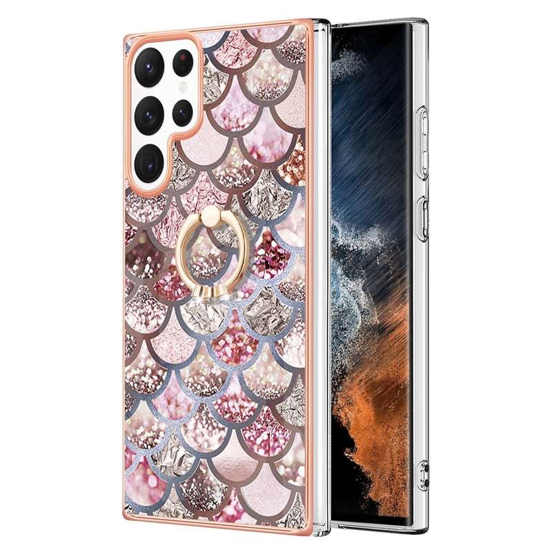 For Samsung Galaxy S22 Ultra 5G Electroplating IMD TPU Phone Case with Ring(White Marble)