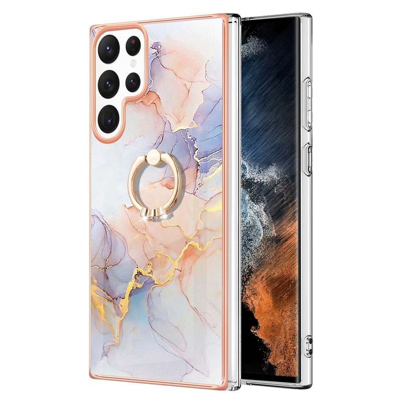 For Samsung Galaxy S22 Ultra 5G Electroplating IMD TPU Phone Case with Ring(White Marble)