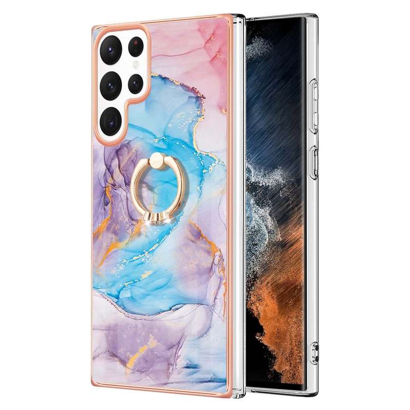 For Samsung Galaxy S22 Ultra 5G Electroplating IMD TPU Phone Case with Ring(White Marble)