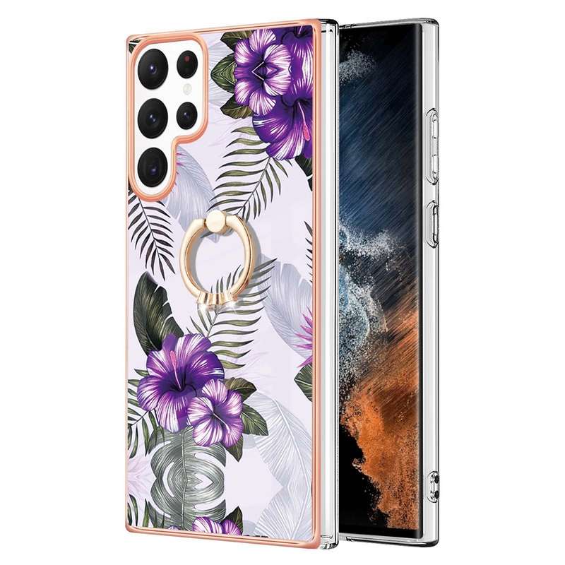For Samsung Galaxy S22 Ultra 5G Electroplating IMD TPU Phone Case with Ring(White Marble)
