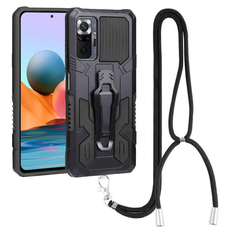For Xiaomi Redmi Note 11 Pro Global Lanyard Mecha Armor Kickstand PC + TPU Phone Case(Black)