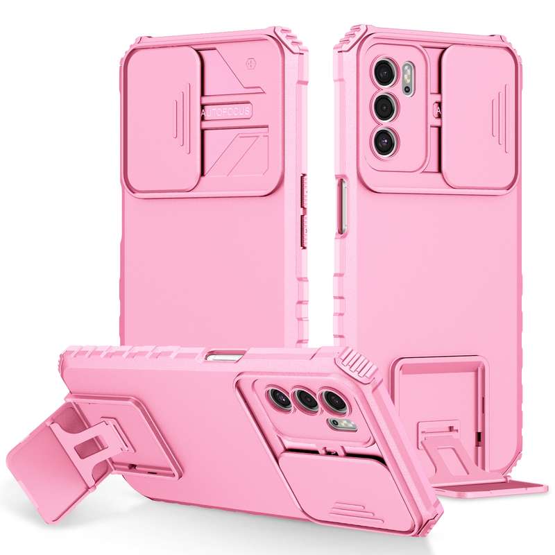 For OPPO A15 Stereoscopic Holder Sliding Camshield Phone Case(Pink)