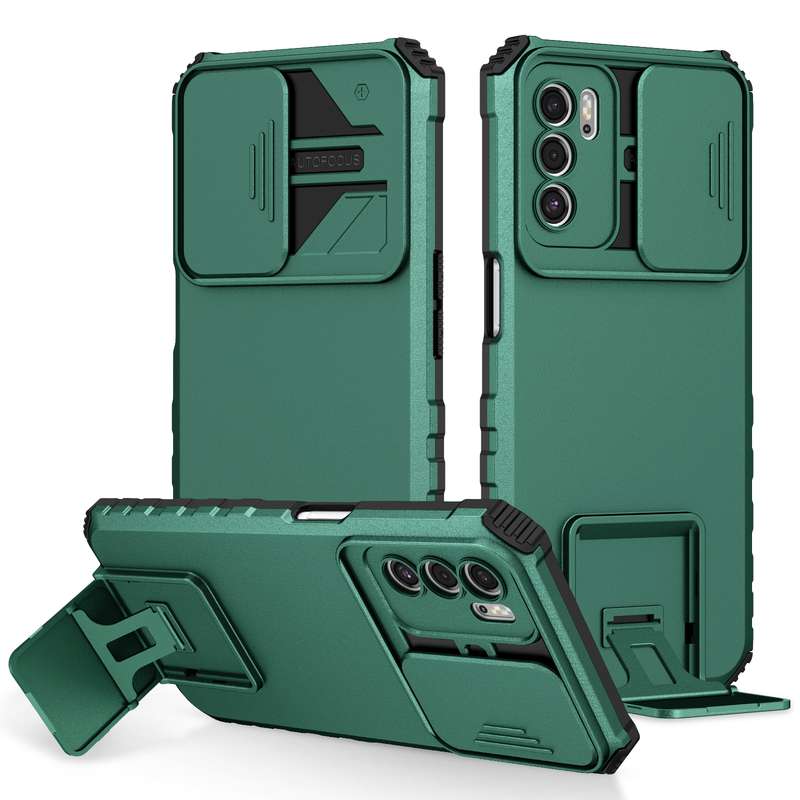 For OPPO A16 Stereoscopic Holder Sliding Camshield Phone Case(Dark Green)