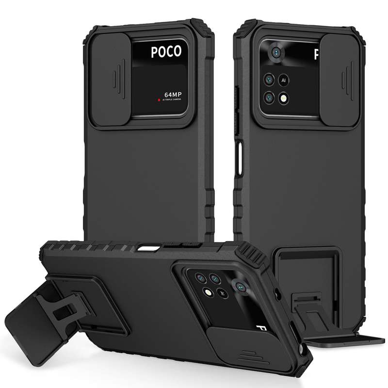 For Xiaomi Poco M4 Pro 4G Stereoscopic Holder Sliding Camshield Phone Case(Black)