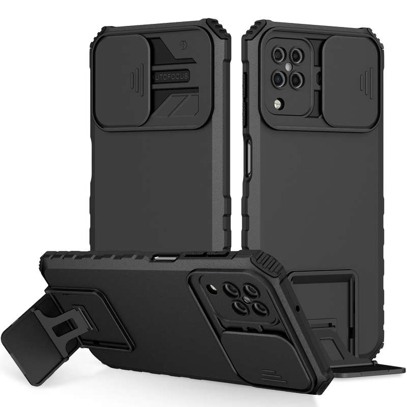 For Samsung Galaxy A12 5G Stereoscopic Holder Sliding Camshield Phone Case(Dark Green)
