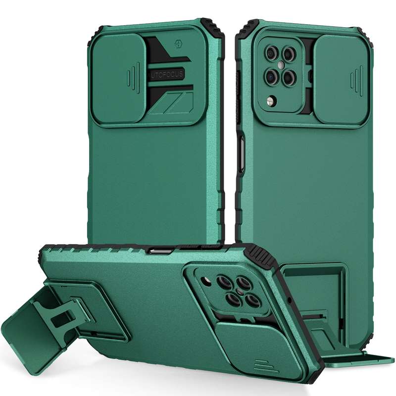 For Samsung Galaxy A12 5G Stereoscopic Holder Sliding Camshield Phone Case(Dark Green)