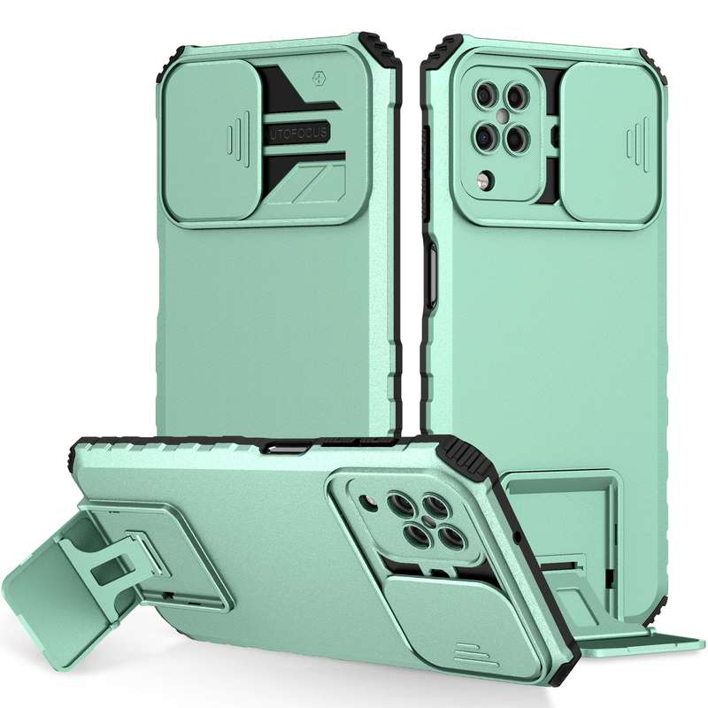 For Samsung Galaxy A12 5G Stereoscopic Holder Sliding Camshield Phone Case(Dark Green)