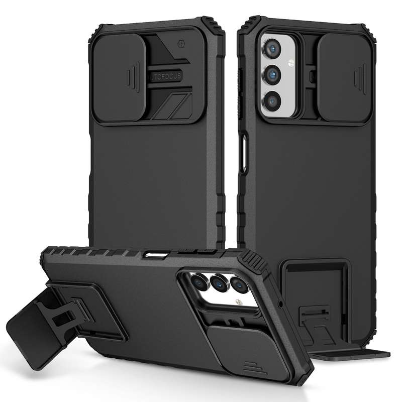 For Samsung Galaxy A13 Stereoscopic Holder Sliding Camshield Phone Case(Black)