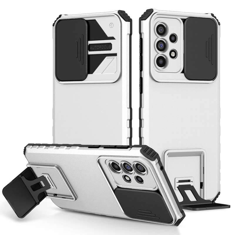 For Samsung Galaxy A33 5G Stereoscopic Holder Sliding Camshield Phone Case(Light Blue)