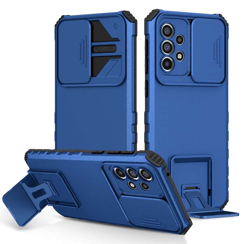 For Samsung Galaxy A33 5G Stereoscopic Holder Sliding Camshield Phone Case(Light Blue)