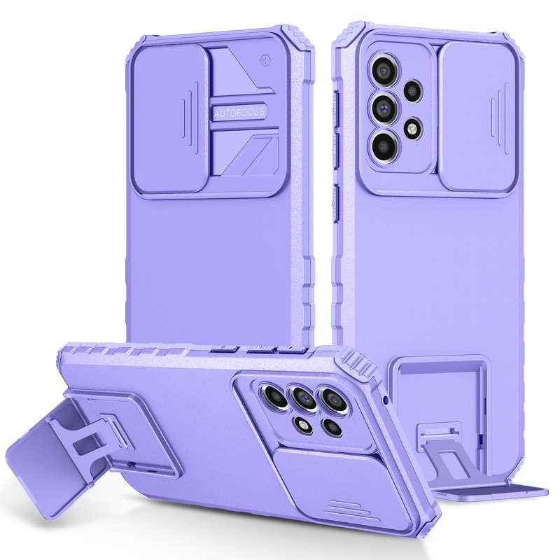For Samsung Galaxy A33 5G Stereoscopic Holder Sliding Camshield Phone Case(Light Blue)