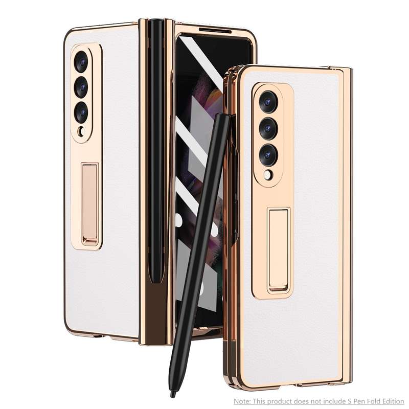 For Samsung Galaxy Z Fold3 Litchi Texture Integrated Electroplating Hinge Flip Phone Case with Pen S