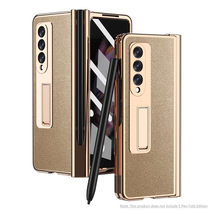 For Samsung Galaxy Z Fold3 Litchi Texture Integrated Electroplating Hinge Flip Phone Case with Pen S